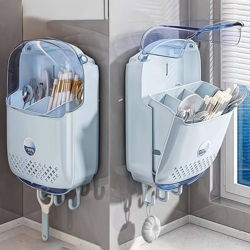 Wall-Mounted Draining Chopstick Holder with Three Compartments Designed with Breathable Holes And Hooks for Cutlery Storage