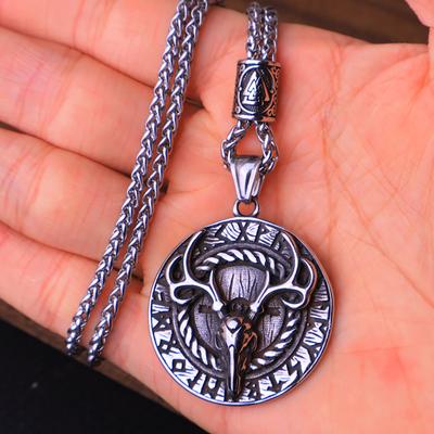 Vintage přívěsek náhrdelník s lebkou jelena z nerezové oceli, severský runový náhrdelník Odina pro muže, motorkářský amulet, šperk