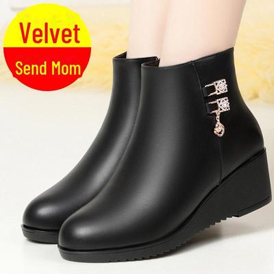Non-Slip Soft-Soled Leather Wedge Boots for Middle-Aged & Elderly Women - Height-Boosting, Velvet-Lined, Autumn/Winter.