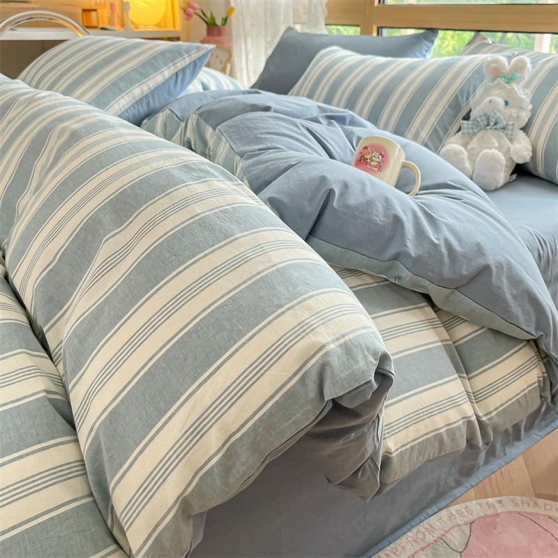 High Quality Striped Printed Pure Cotton Bedding Sets Skin Friendly Breathable Soft Quilt Kit Non Color Fading Bed Set