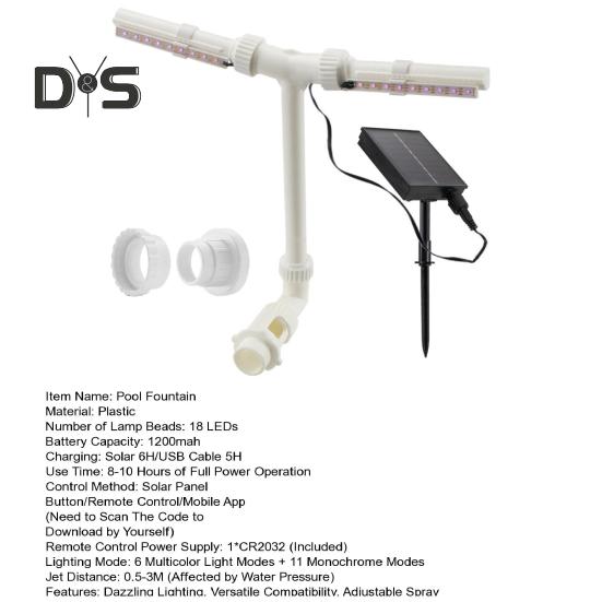 Fontanna solarna do basenu z kolorowymi światłami RGB, regulowany zraszacz basenowy ze zdalnym sterowaniem, wodospad do basenu, do montażu na górze i na dole
