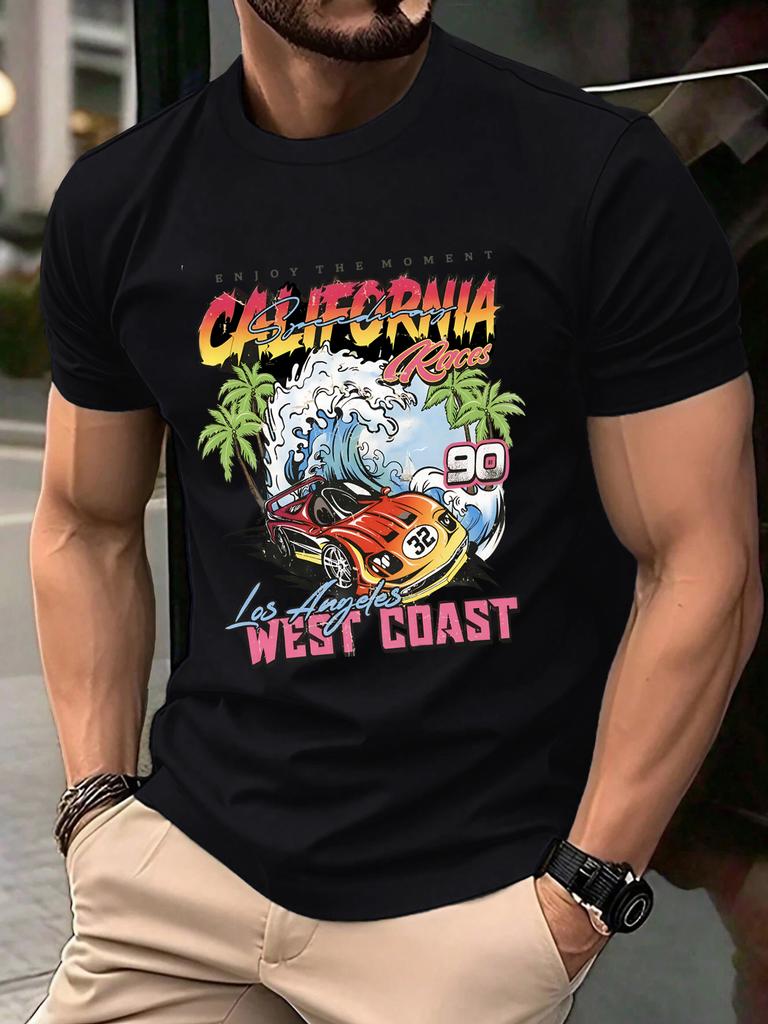 California West Coast Print Mens T Shirts Hip Hop AllMatch Tops Casual Cotton Vintage Clothes Male Loose Crewneck Streetwear