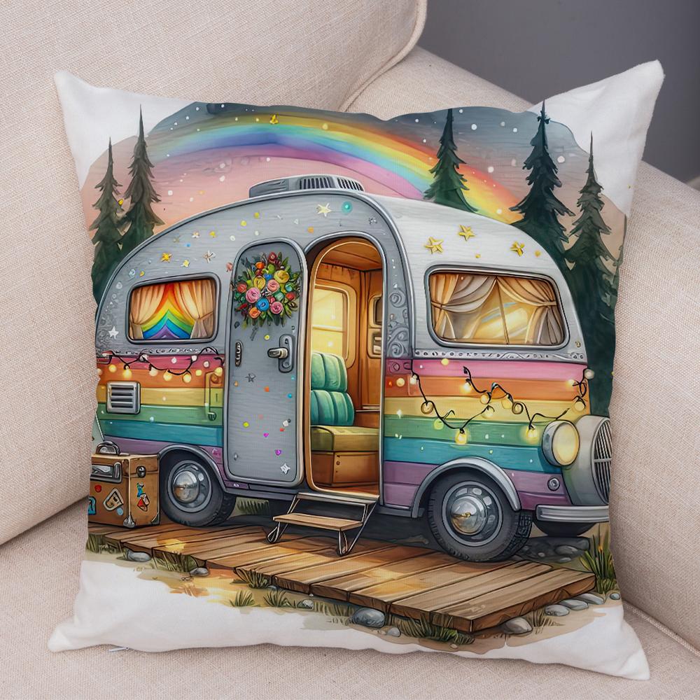 Happy Campers Pillow Case Double Print Decor Cartoon House Travel Car Cushion Cover for Sofa Home Soft Plush Pillowcase