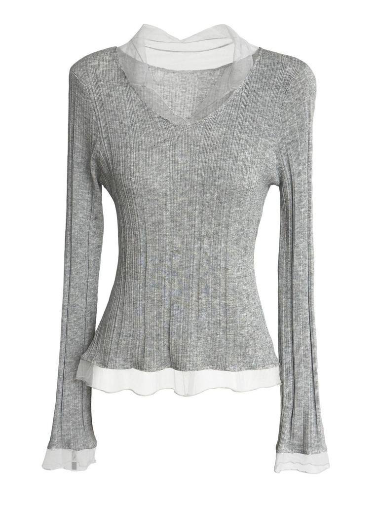 Lu Xi Women's V-neck Korean Style Mesh Patchwork Knit Top, Early Spring 2026 Collection