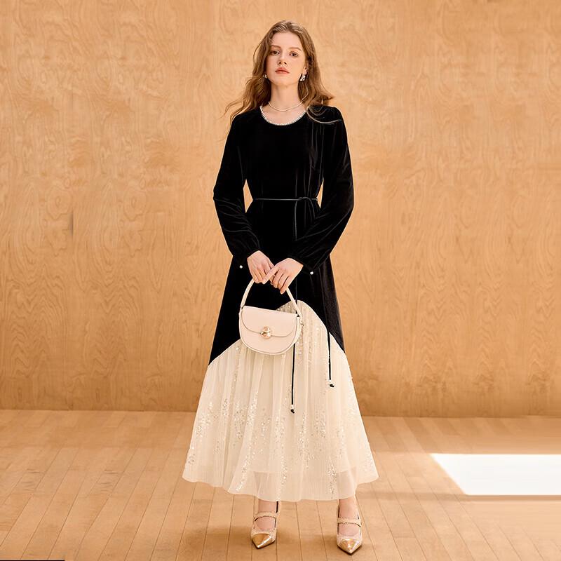 

Tachi Elegant Color Block Velvet A-Line Dress M