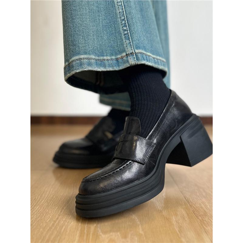 7cm~ Silent sole soft leather thick sole loafers women's thick heel high heel single shoes girls small height increase small leather shoes