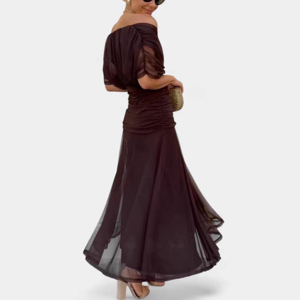 2026 European & American V-Neck Mesh Dress - Elegant Mid-length Skirt with Printed Design