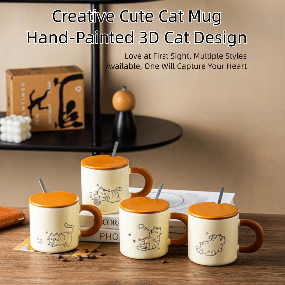 Hand Drawn Ceramic Coffee Cup with Spoon Water Cup with Lid Cartoon Cat Drinkware  Milk