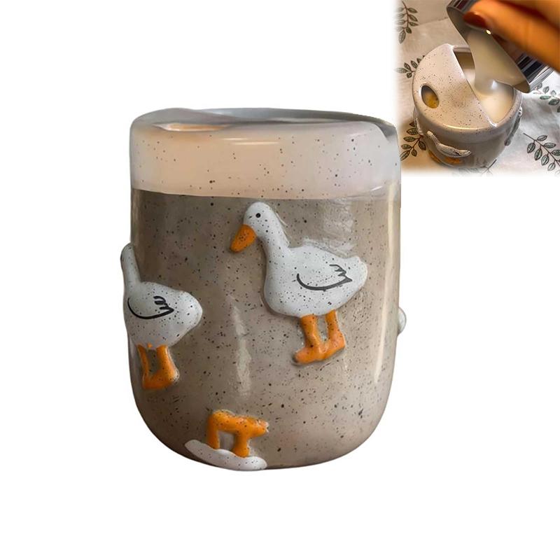 Ručně vyráběný roztomilý keramický hrnek s kachničkou, Keramický hrnek na kávu s kachničkou a lžičkou, Unikátní 3D ručně vyráběné cestovní hrnky