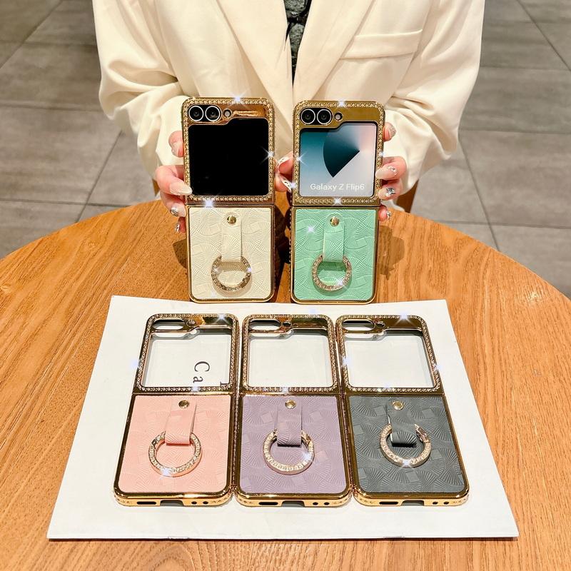 Luksuriøst ensfarget lær galvanisert 2 stk telefondeksel til Samsung Galaxy Z Flip6 Flip5 Flip4 Flip3 Diamantramme Støtsikker Metallring Sammenleggbart deksel
