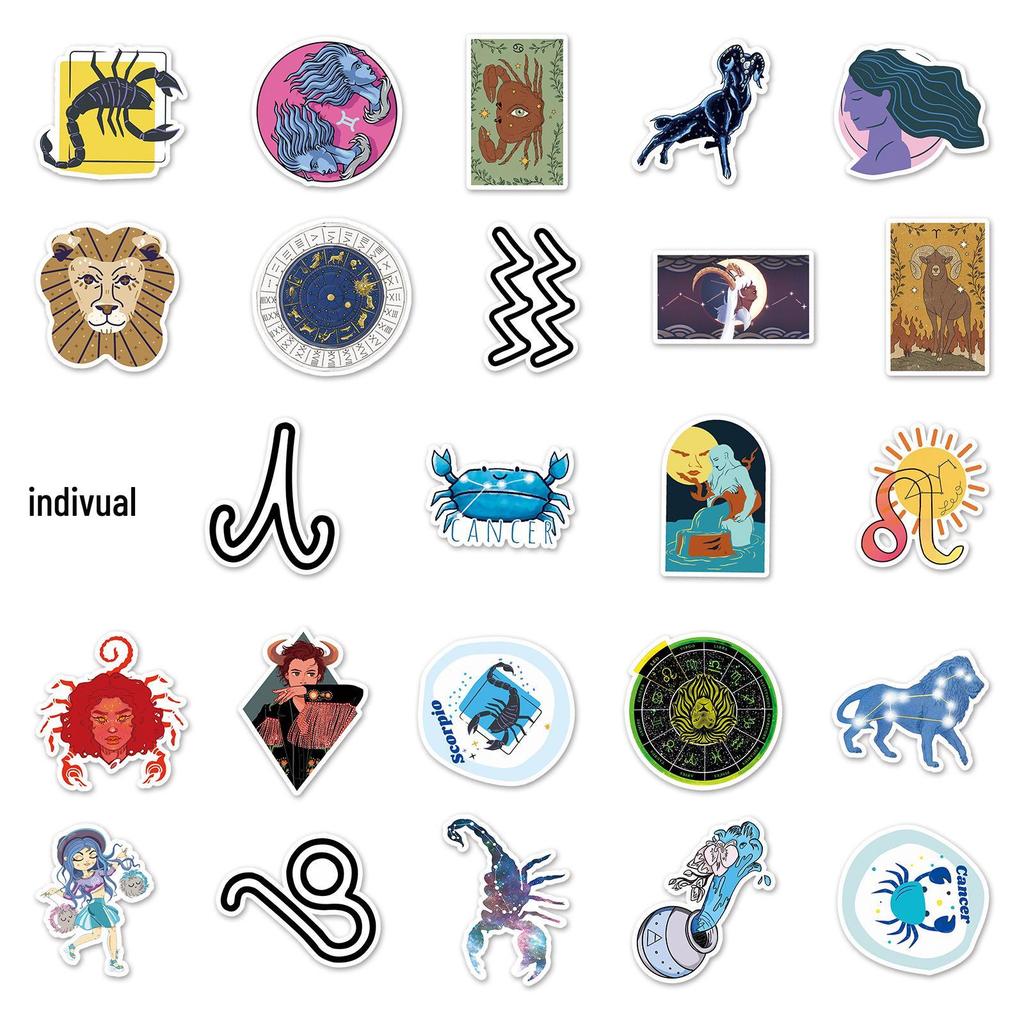 12 Constellations Stickers: 50 Sheet Set for Journals, Phones, and Laptops - Waterproof and Creative Cartoon Designs