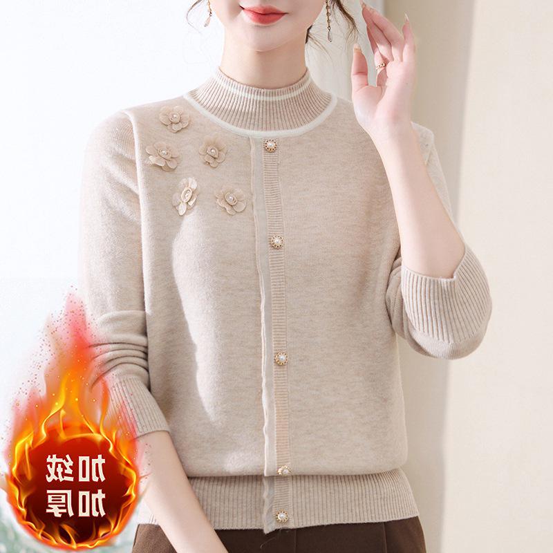 Stylish Plus Velvet Knit Sweater for Middle-Aged & Elderly Women - Warm Winter Base Layer