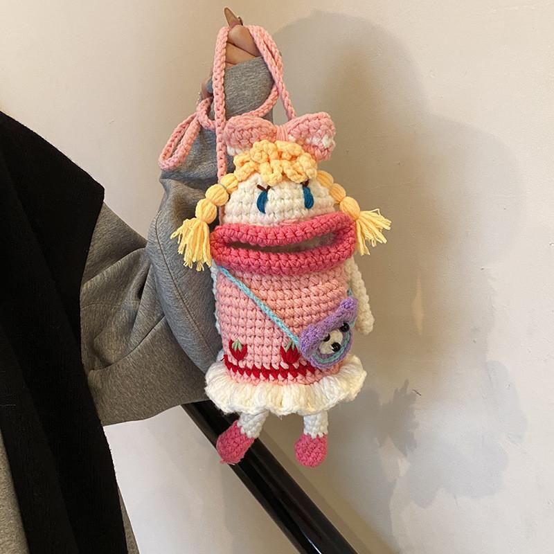 Knitted Pink Lovely Crossbody Bag For Children Featuring Cute Cartoon Motif Doll