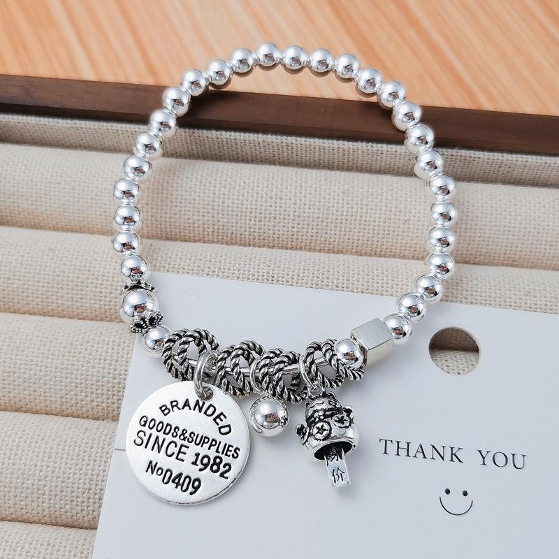 Sterling Silver Lucky Cat Beaded Bracelet for Women - Retro Round Elastic Cord Design 925 Sterling Silver