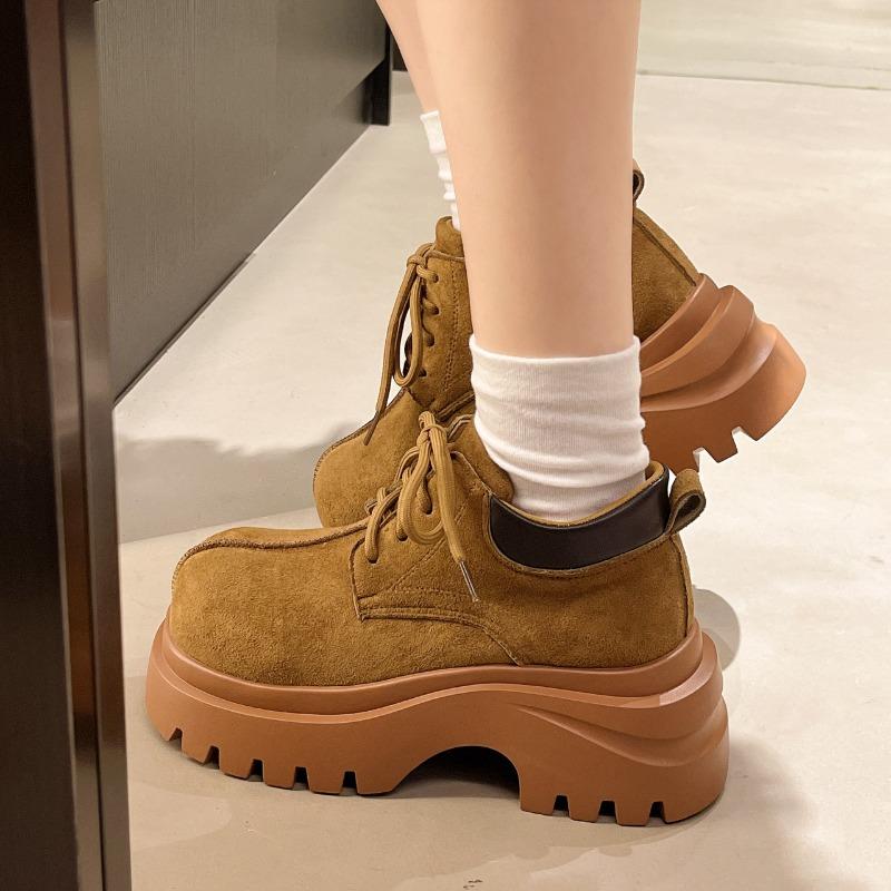 Fashion New Women Shoes Designer Large Head Platform Shoes Suede Casual Footwear Lace Up Platform Single Shoes British Style Short Boots
