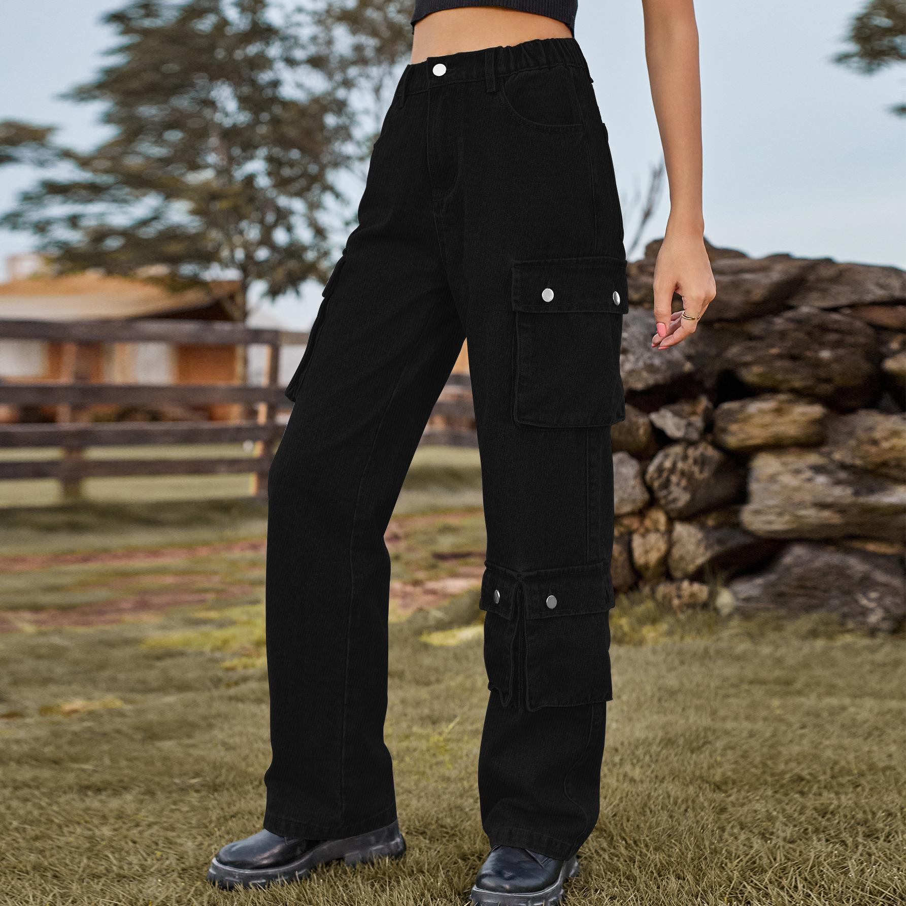 

GMXIA Denim Wash Multi-Pocket Design Cargo Long Брюки Повседневные Брюки Для Женщин M чёрный