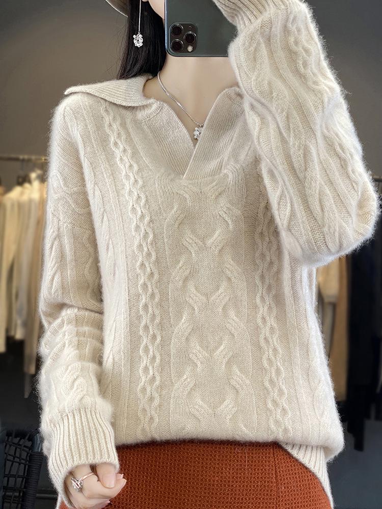 Seven-Stitch Thick Cable Knit Wool Sweater - Warm 3D Design for Autumn/Winter