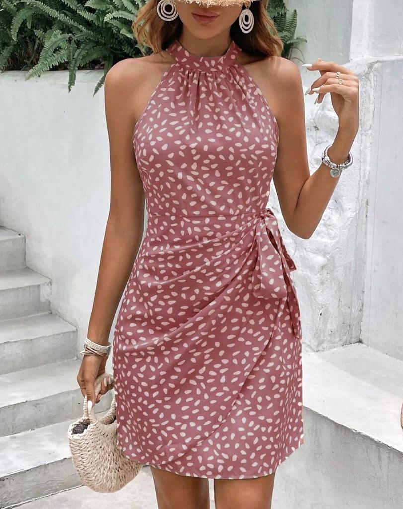2025 Summer Floral Ruffle Halter Dress for Women - Sleeveless with Zipper