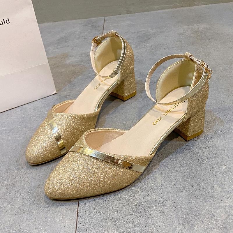 

Autumn new high heels fashion high versatile bag head empty sandals thick heel sequins spot high heel sandals 35