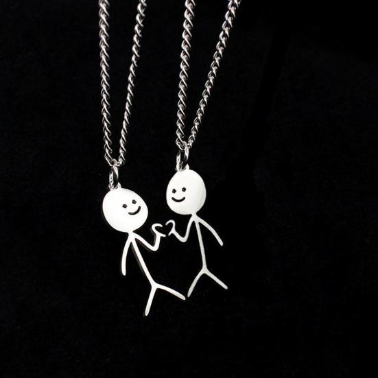 

2 Pcs Couple Matching Necklaces Matchstick Men Love Heart Gesture Stainless Alloy Solid Color Hollow Out Chain Electroplated Best Friends Gift серебряный