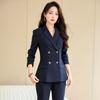 Women's Autumn Black Double-Breasted Blazer and Pants Set - Professional Slim Fit for Business and Interviews