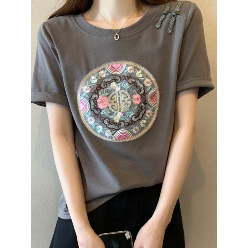 Plus Size Women's Clothing Chinese Style Summer Retro Sweet round Neck Chinese Knot Button Fashion Girlish Style Casual Short Sleeve T-shirt L-4XL