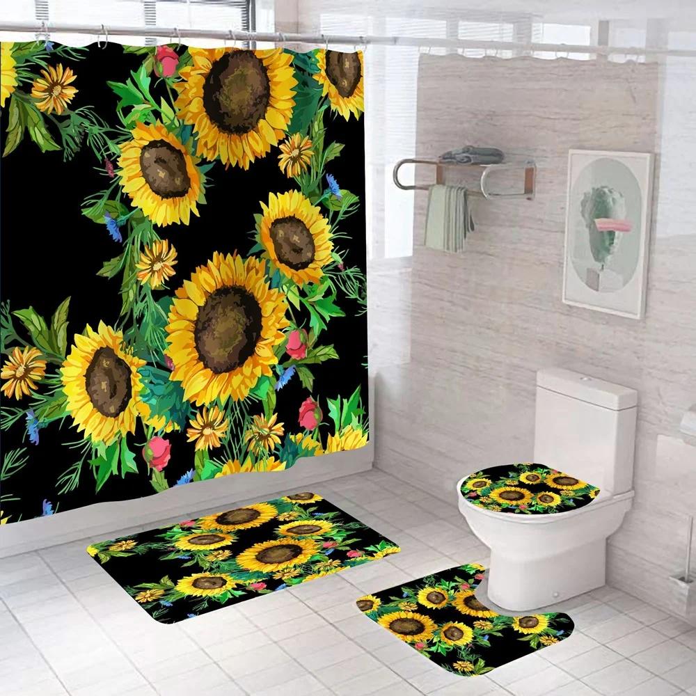 Magic Sunflower Butterfly Shower Curtain Sets Black Yellow Art Country Flower Bathroom Decor Curtains Bath Mats Rug Toilet Cover