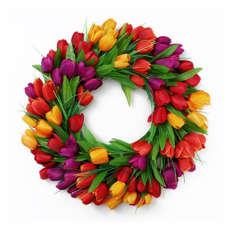 Artificitial Tulip Wreath Front Door Hanging Decoration 40cm Floral Garland Wall Pendant for Home Decor Wedding