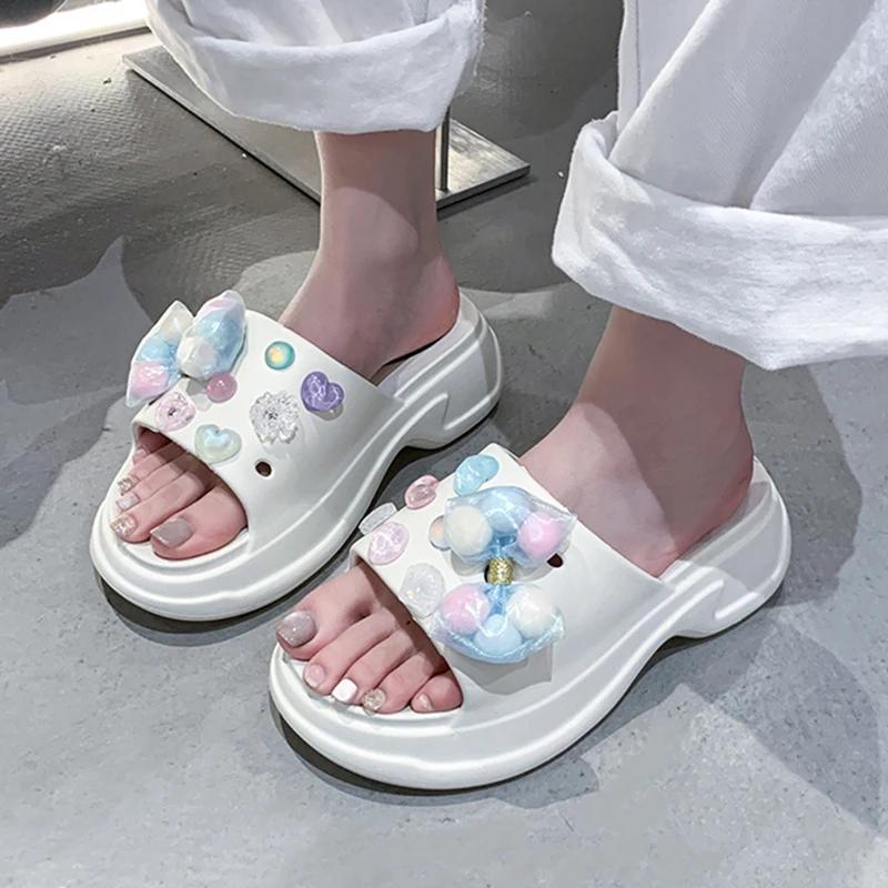 Fashion Fashion Colored Crystal Platform Slippers Women 2025 Summer Diy Thick Bottom Clogs Sandals Woman Non Slip Outdoor Slides Female