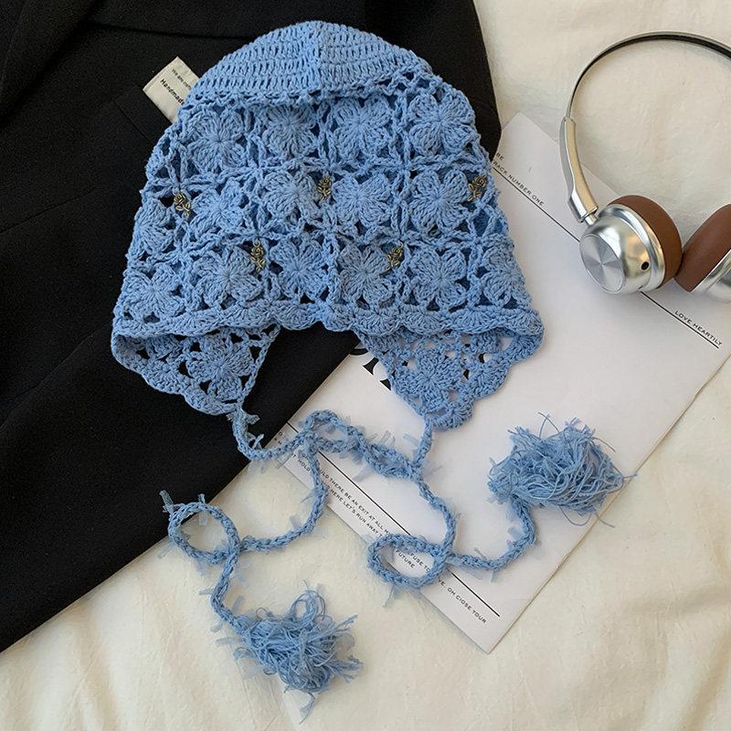Ethnic Style Handmade Crochet Flower Tassel Cap for Women, Spring and Summer New Hollow Out Atmosphere Pullover Hat
