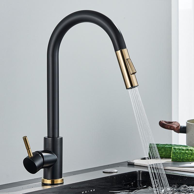 Gold & Black Brushed 304 Stainless Steel Pull-Out Kitchen Faucet for Sink & Vegetable Basin