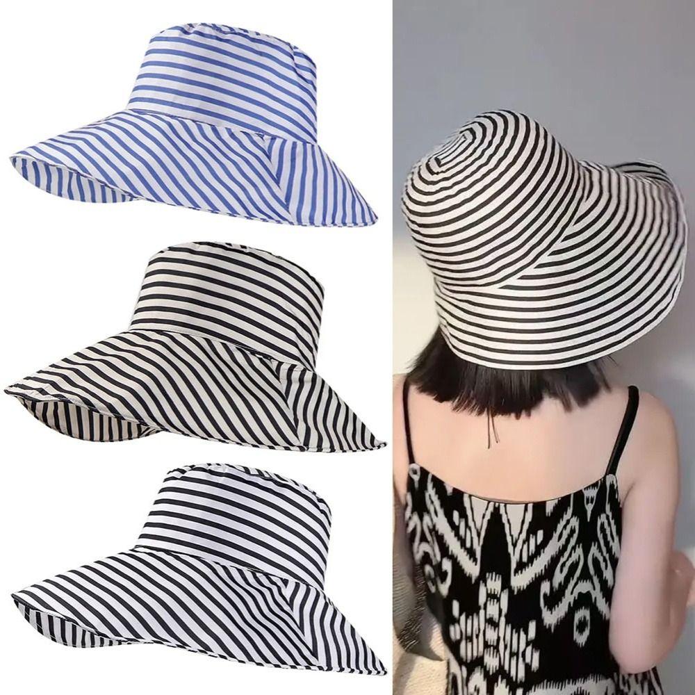 1Pcs Sunproof Striped Bucket Hat Foldable Summer Hat Durable Sunscreen Basin Hat  Women