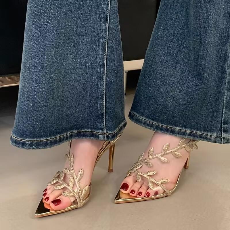 Fashion New Summer Fashionable Patent Leather Gold Leaf Women Sandals Elegant Pointed Toe Thin High Heels Gladiator Sandals Party Shoes