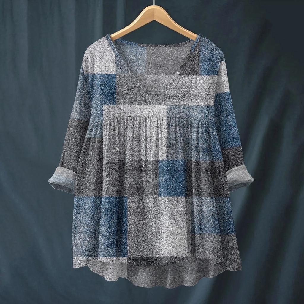 Women's Fashionable And Casual Shirt Long-sleeved V-neck Print Cotton And Linen Blouse