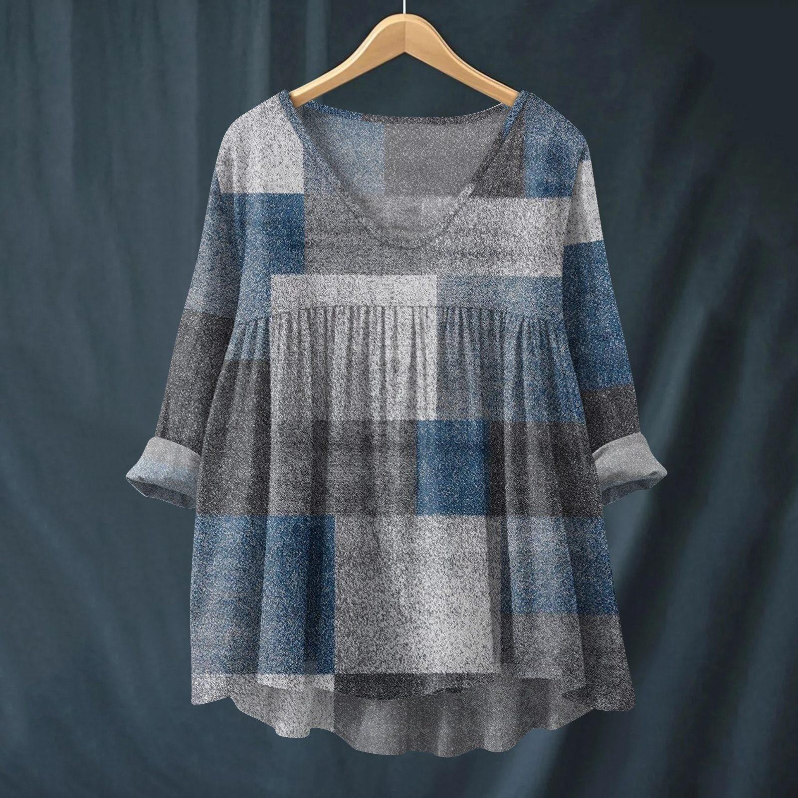 

Женская модная и повседневная рубашка с длинным рукавом, V-образным вырезом и принтом, блузка из хлопка и льна XL синий