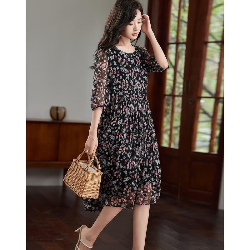 Demana 100% Mulberry Silk Ruched 3/4 Sleeve A-Line Dress