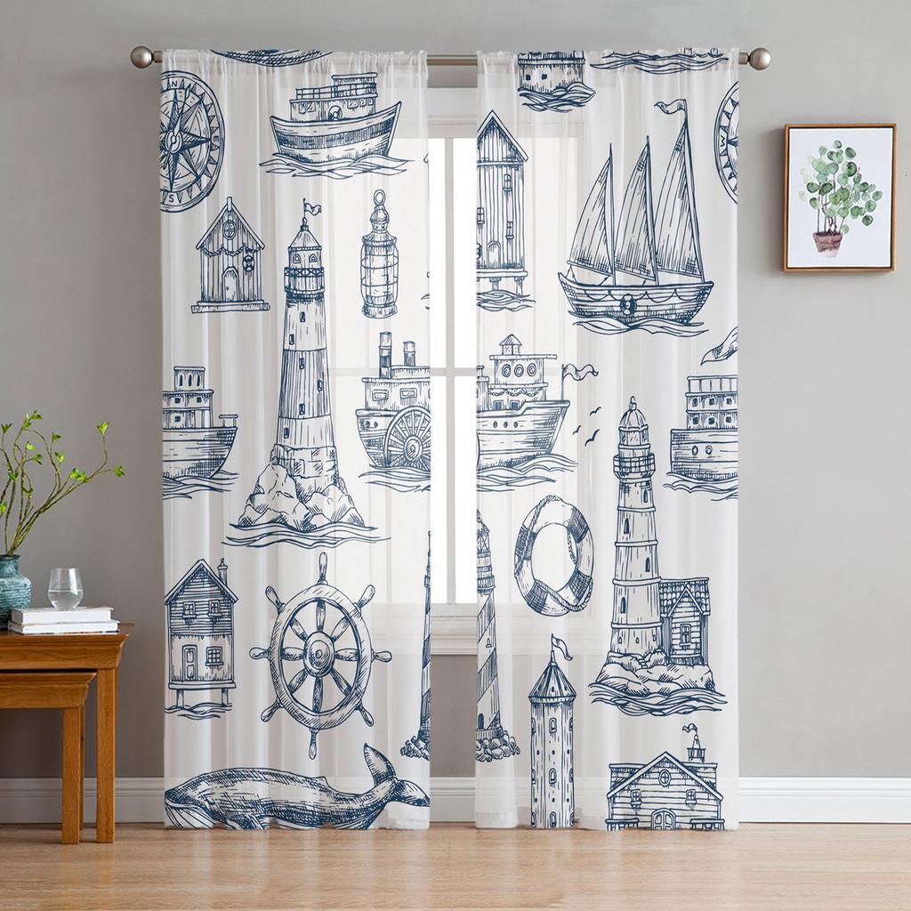 Vintage Sailing Ship Nautical Chiffon Sheer Curtains for Living Room Bedroom Decoration Window Voiles Tulle Curtain Drapes