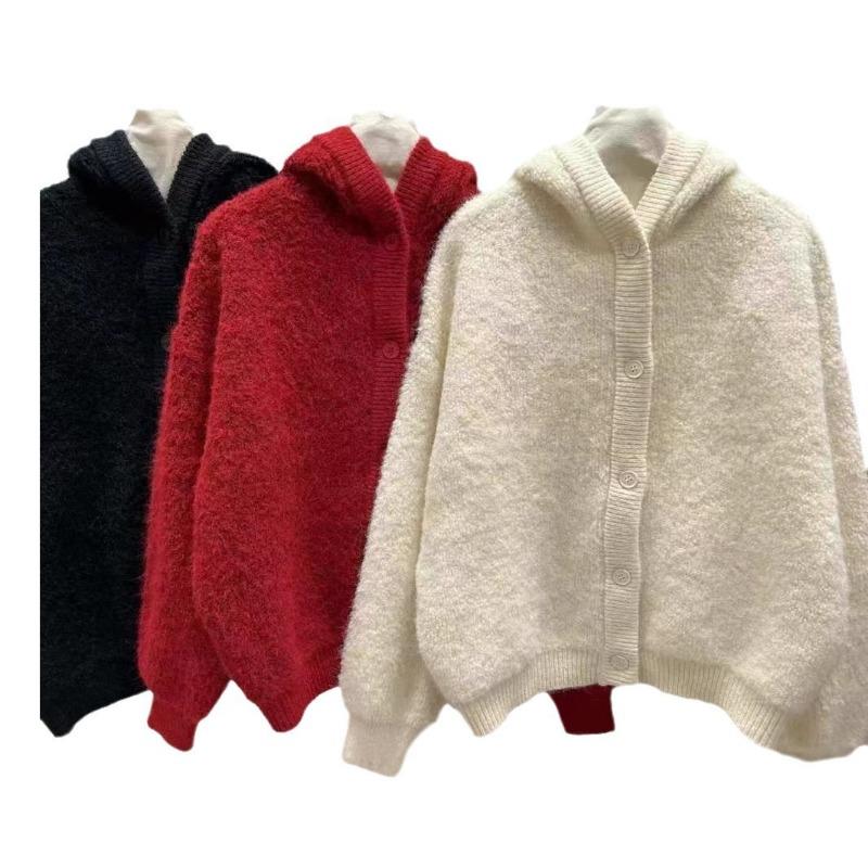 Soft Waxy Casual Versatile Hooded Knitted Cardigan Top Women's Solid Color Loose Lazy Wind Thickened Sweater Jacket