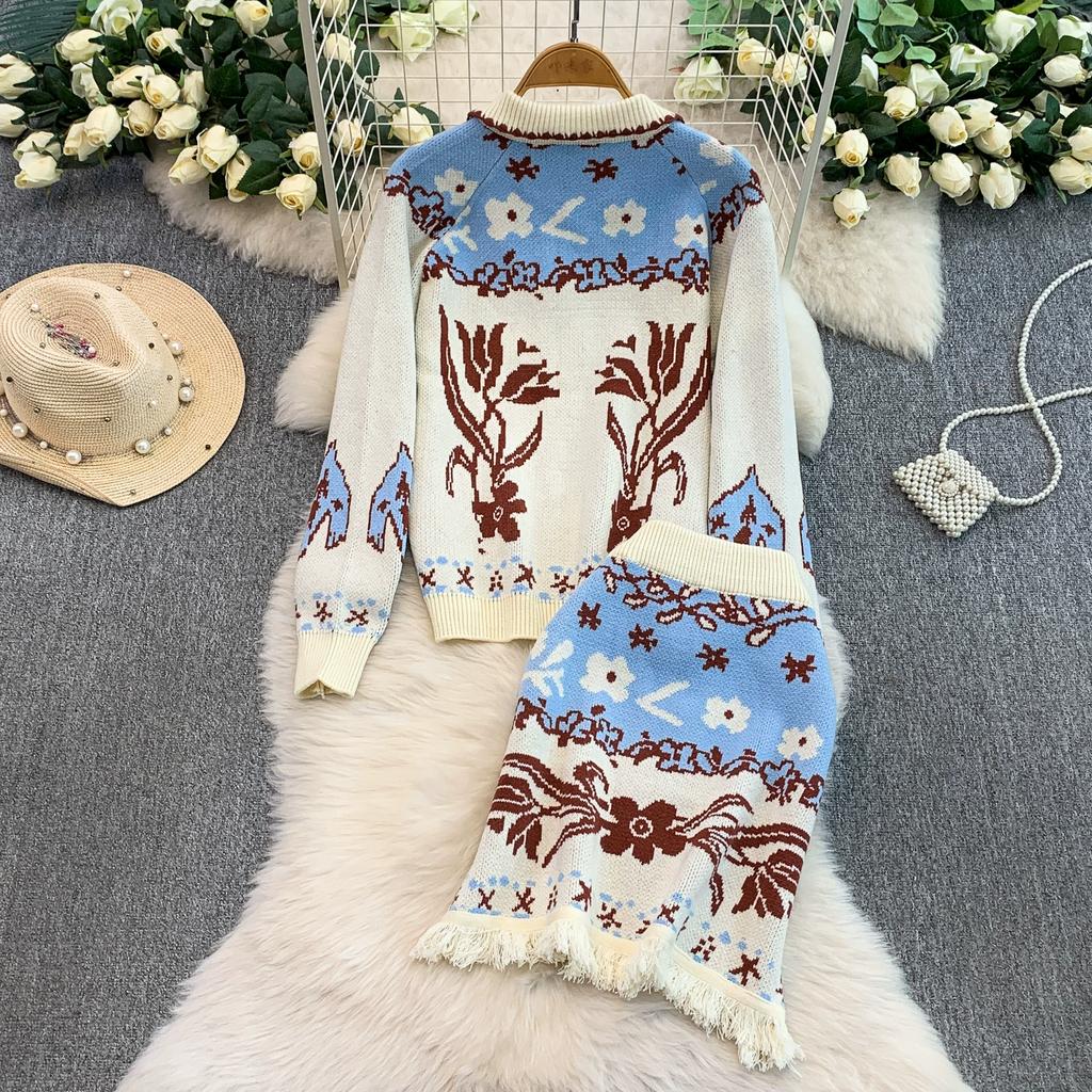 Autumn Winter Women Vintage Tulip Jacquard Knitted Sweater Two Piece Set Single Breasted Cardigans and Mini Pleated Skirt Outfits