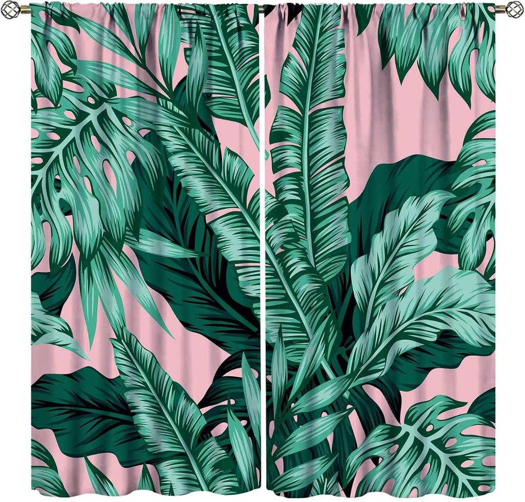 Tropical Palm Leaf Curtains Banana Leaves Theme Green Pink Curtain Living Room Kitchen Bedroom Dorm Home With Rod Pocket Polyester Ideal For Sitting