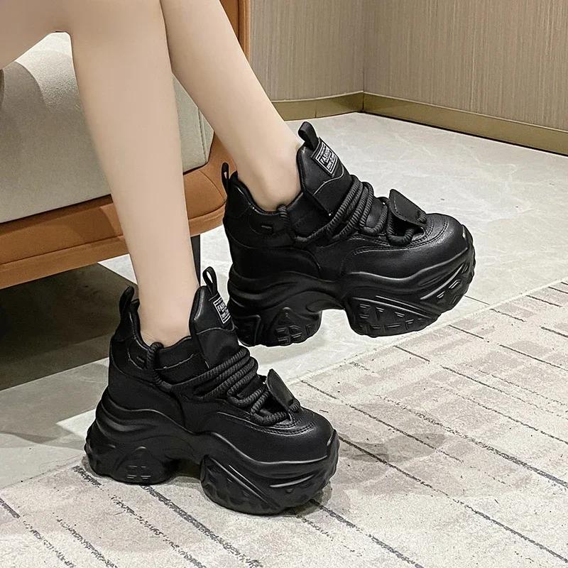 Fashion 10CM Heels Women High Platform Sneakers 2025 New Spring Chunky Dad Casual Sport Shoes Thick Sole Trainers Leather Sneakers Woman