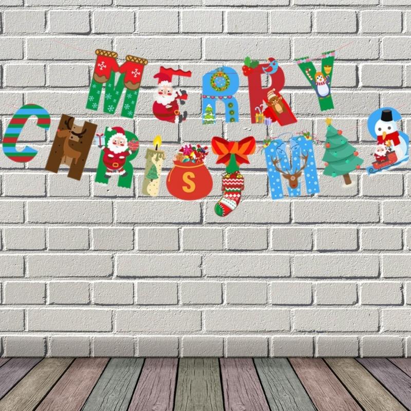 2 Pcs Christmas Party Decorations Santa Paper Banners Merry Christmas Banners for Outdoor Indoor Decoration