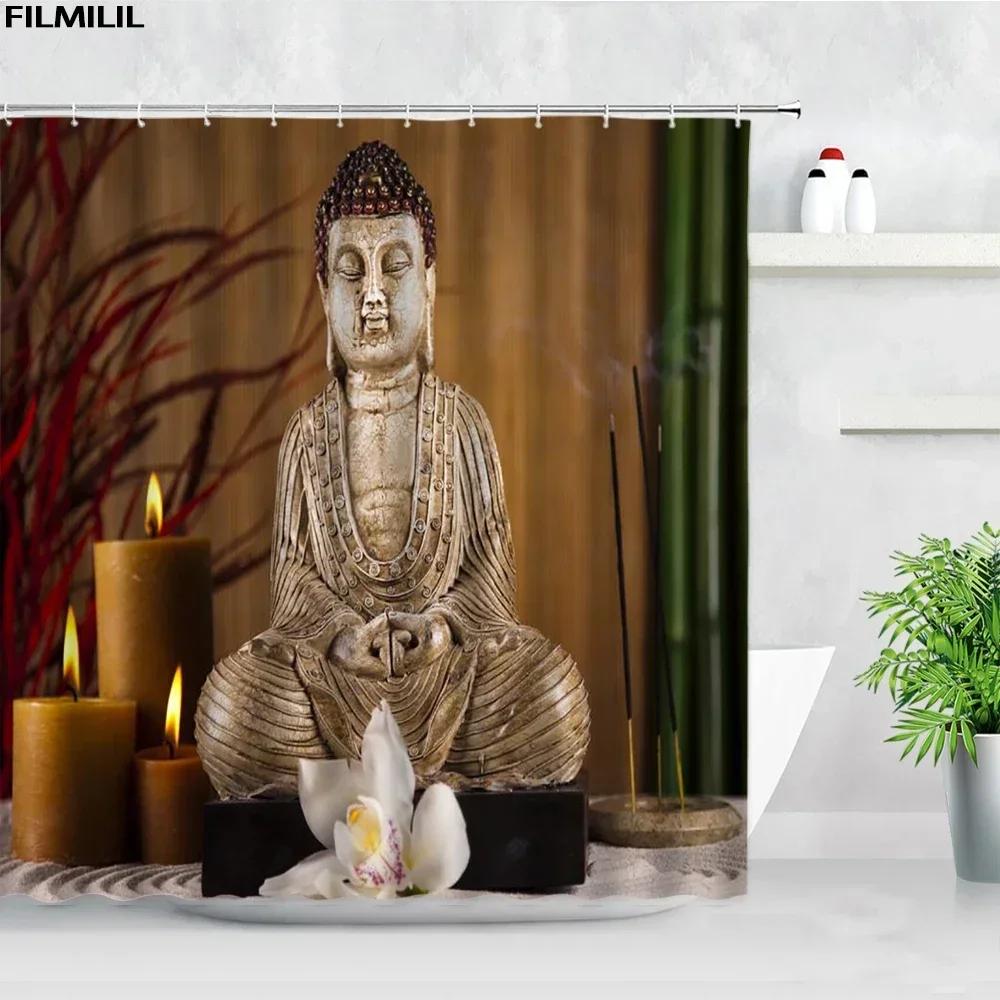 Zen Green Bamboo Shower Curtains Stone Buddha Lotus Candle Asian Japanese Spa Garden Scenery Bath Curtain Fabric Bathroom Decor