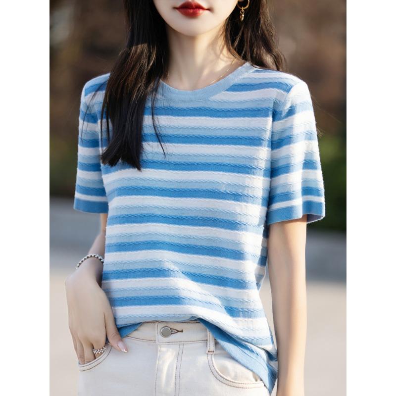 Pure Cotton Rainbow Striped Round Neck Short-sleeved T-shirt for Women In Summer Korean Style Relaxed Fit Design Leisure Knitted Sweater Top