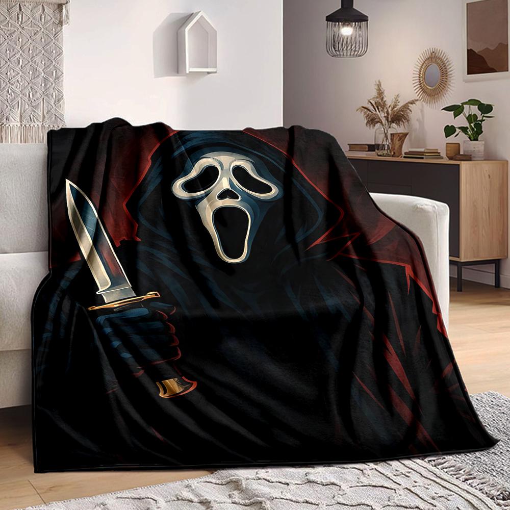 1Pc Ghostface Horror Knife Flannel Blanket, Soft And Comfortable, Casual Warm, Camping Travel, Christmas, Halloween Xmas Gift N1187