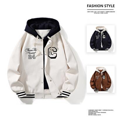 Baseball Uniform Fake Two-piece Boys Spring and Autumn New American Trendy Brand Letter Fashion Casual Loose Hooded Jacket Jacket