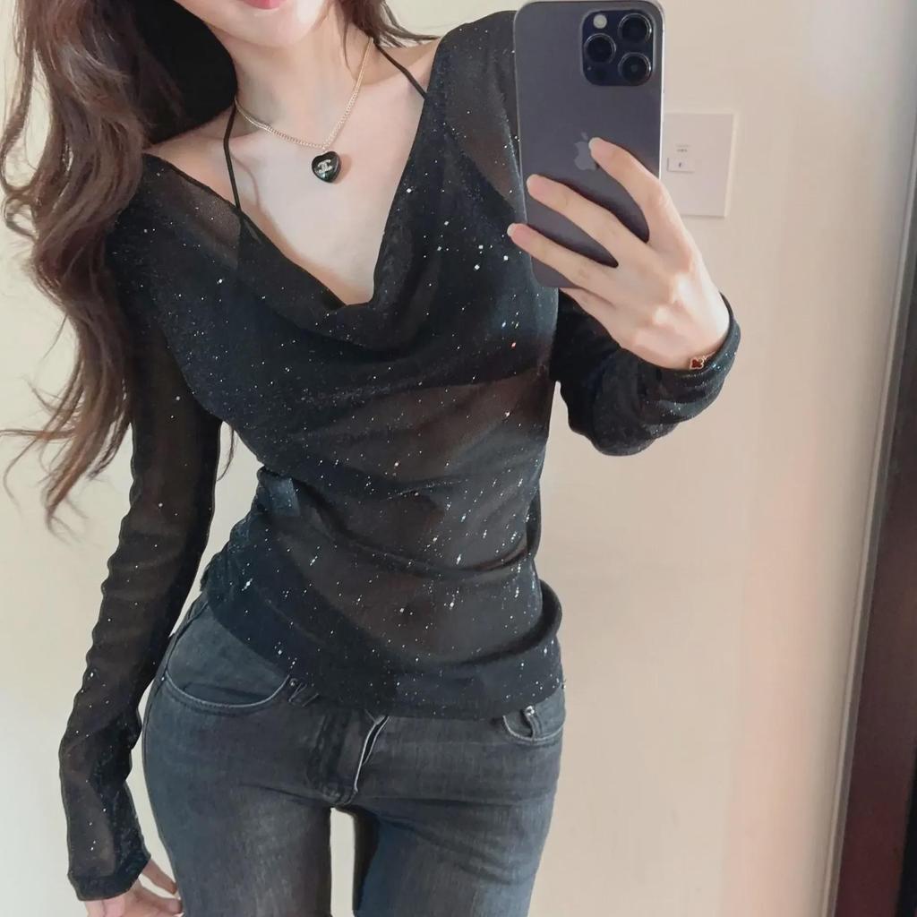 Sheer V-Neck Long-Sleeve Top: Mesh Design, Slim Fit, Chic Spring/Autumn Women's Outerwear.
