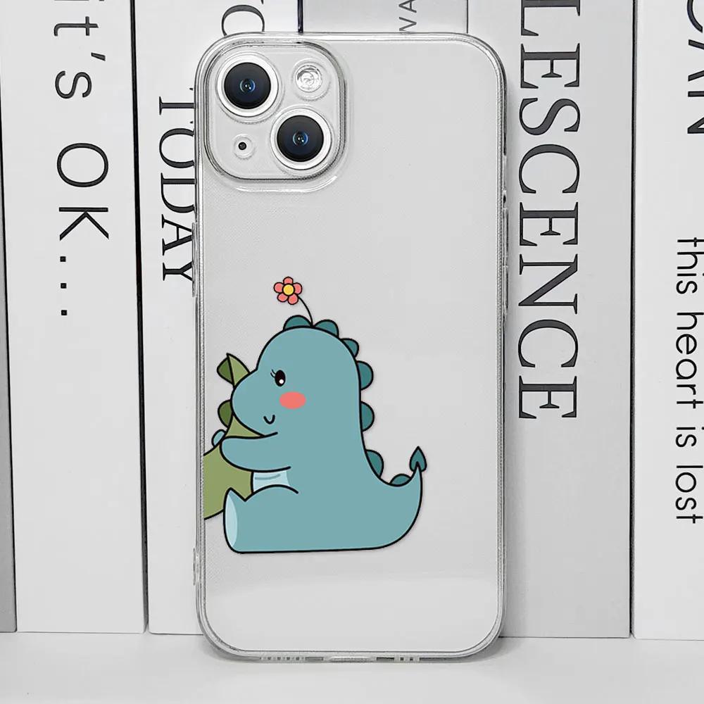 Cute Green Pink Dinosaur Couple Clear Phone Case for IPhone 13 12 11 14 15 16 Pro MAX XS X SE2 7 8 Plus Soft Paired Cover Fundas
