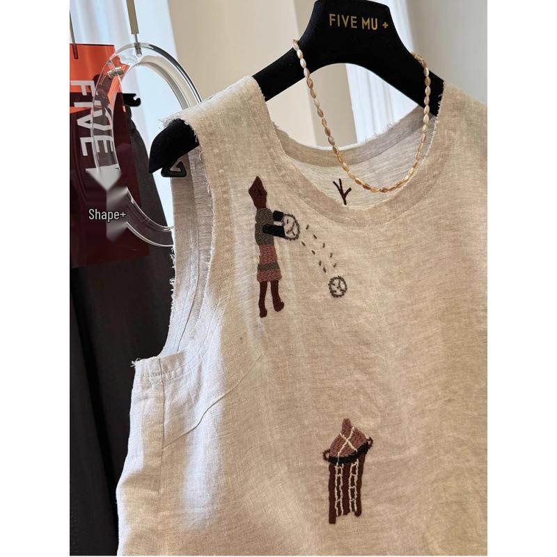 Women's Sleeveless Embroidered Cotton Linen Vest