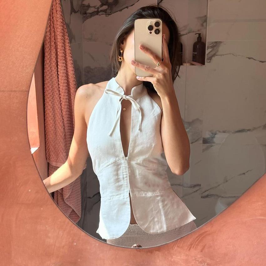 Summer New Vintage Style Halter Neck Off-Shoulder Slim-Fit Tank Top For Women Stylish Casual Girls Sleeveless Shirt